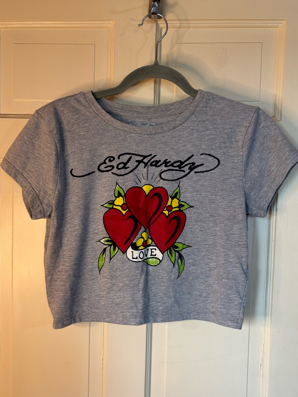 Ed Hardy Size Large Crop Top Love Triple Heart Gray Vintage Inspired